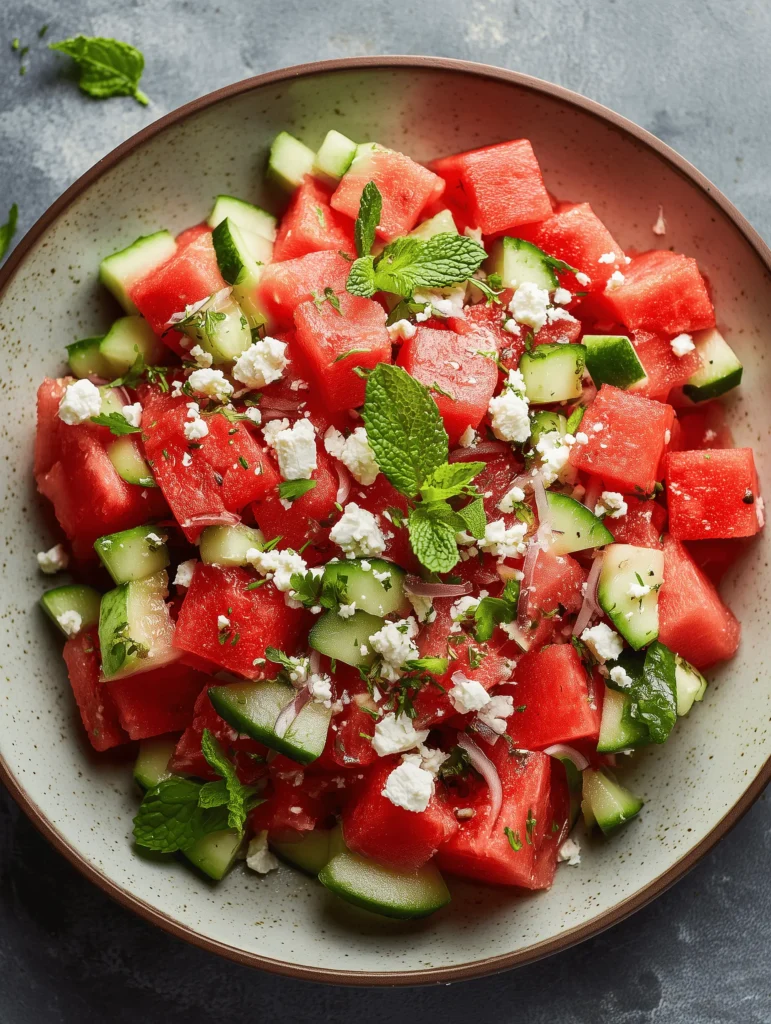 Fresh watermelon salad with feta, cucumber, and mint dressed in honey-balsamic vinaigrette.