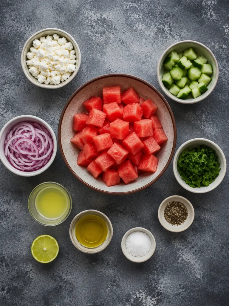 Fresh watermelon salad with feta, cucumber, and mint dressed in honey-balsamic vinaigrette.