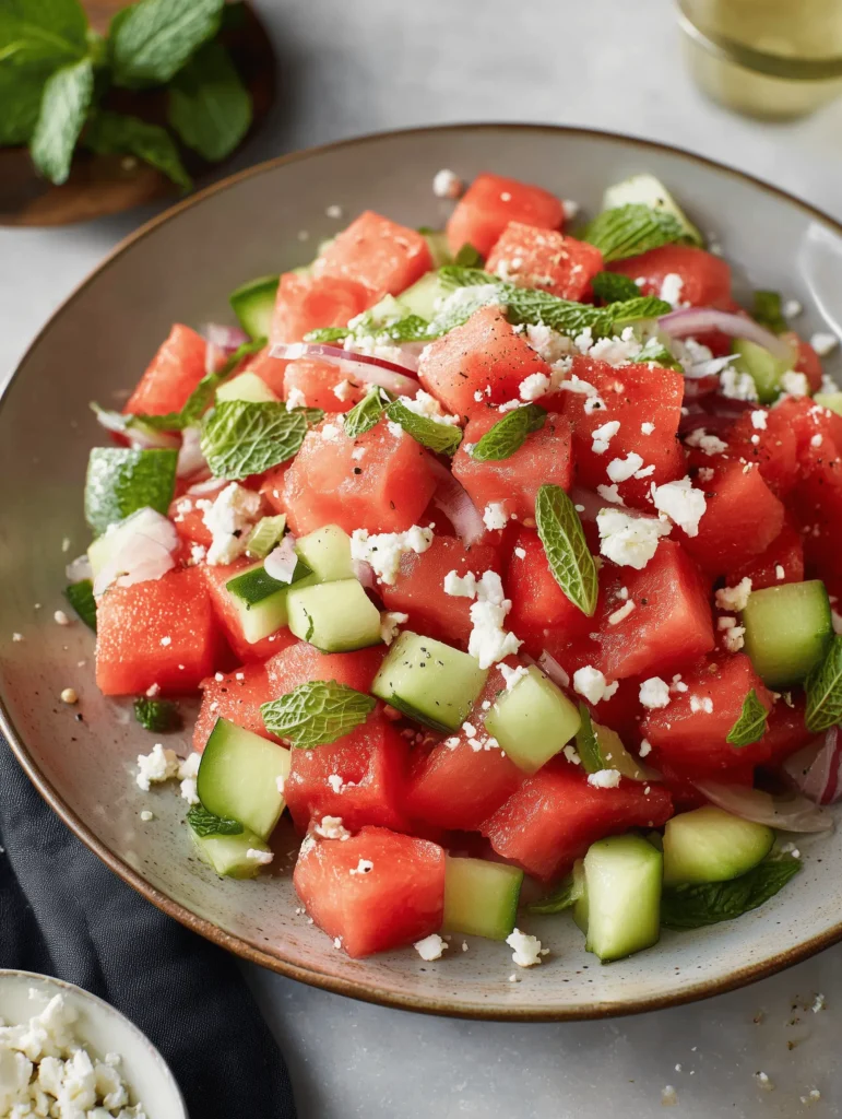 Fresh watermelon salad with feta, cucumber, and mint dressed in honey-balsamic vinaigrette.