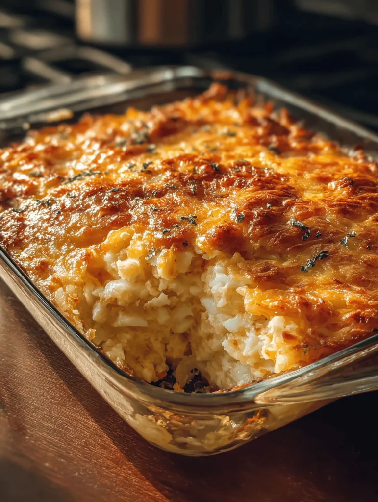 Delicious Grandma's Hash Brown Casserole topped with crunchy cornflakes and cheese