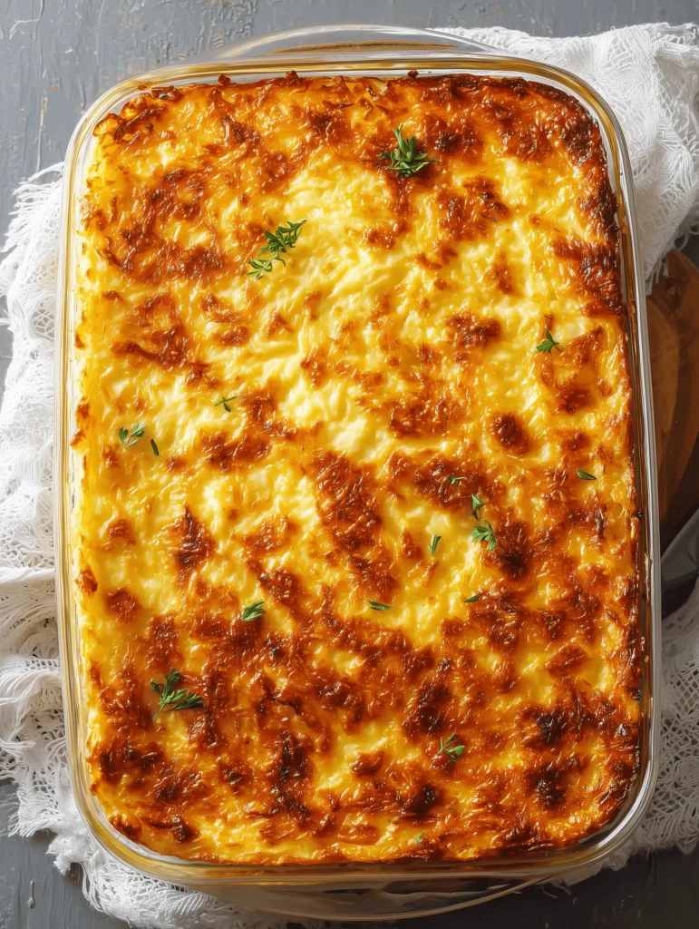 Delicious Grandma's Hash Brown Casserole topped with crunchy cornflakes and cheese