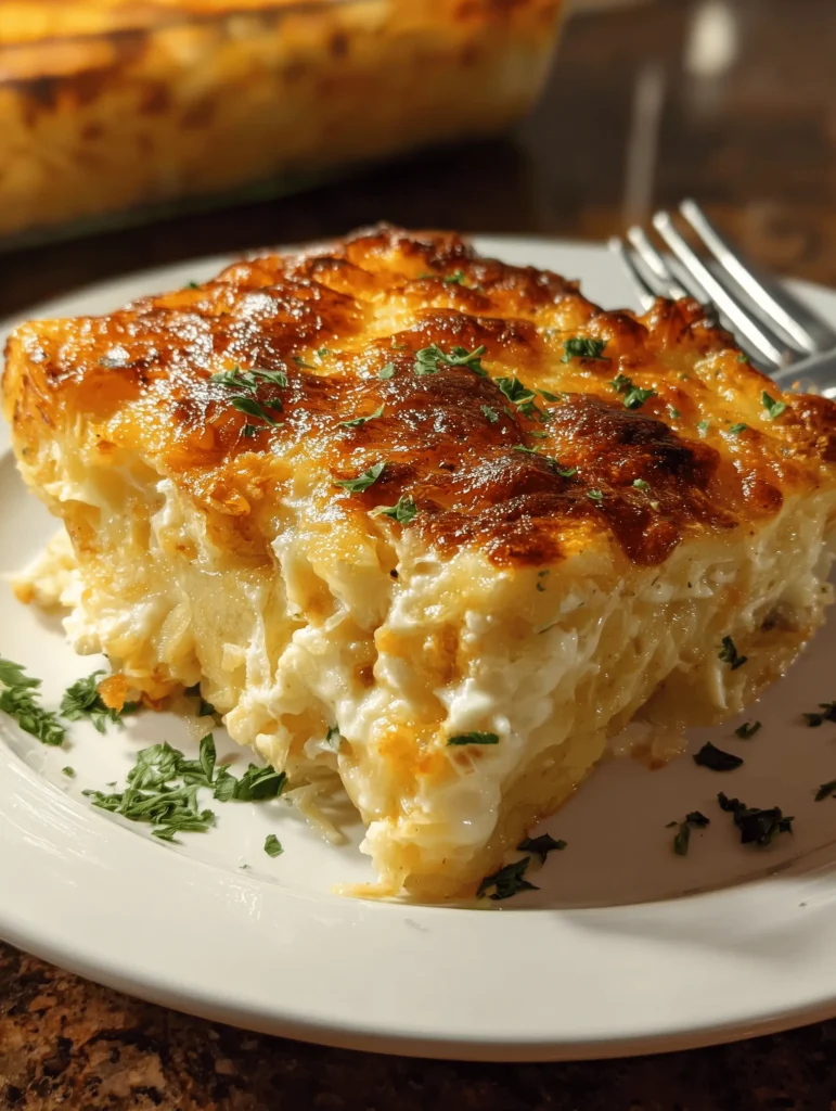 Delicious Grandma's Hash Brown Casserole topped with crunchy cornflakes and cheese