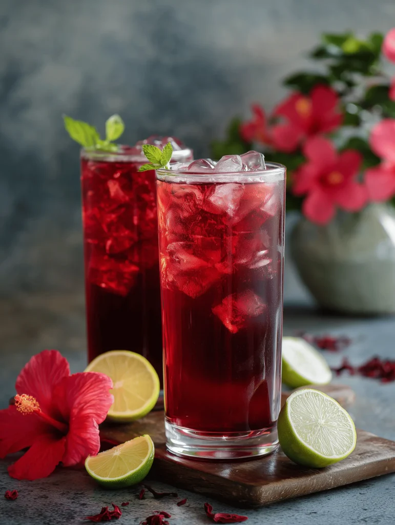 Refreshing Hibiscus Ginger Iced Tea with vibrant colors and ingredients.