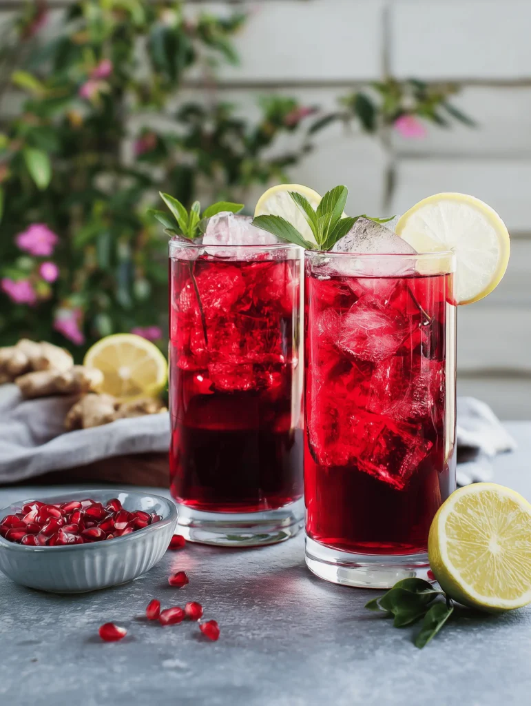 Refreshing Hibiscus Ginger Iced Tea with vibrant colors and ingredients.