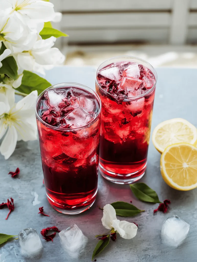 Refreshing Hibiscus Ginger Iced Tea with vibrant colors and ingredients.
