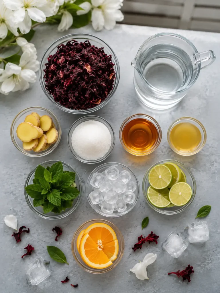 Refreshing Hibiscus Ginger Iced Tea with vibrant colors and ingredients.
