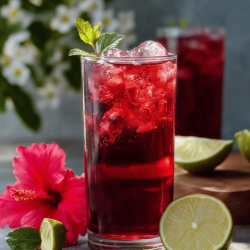 Refreshing Hibiscus Ginger Iced Tea with vibrant colors and ingredients.