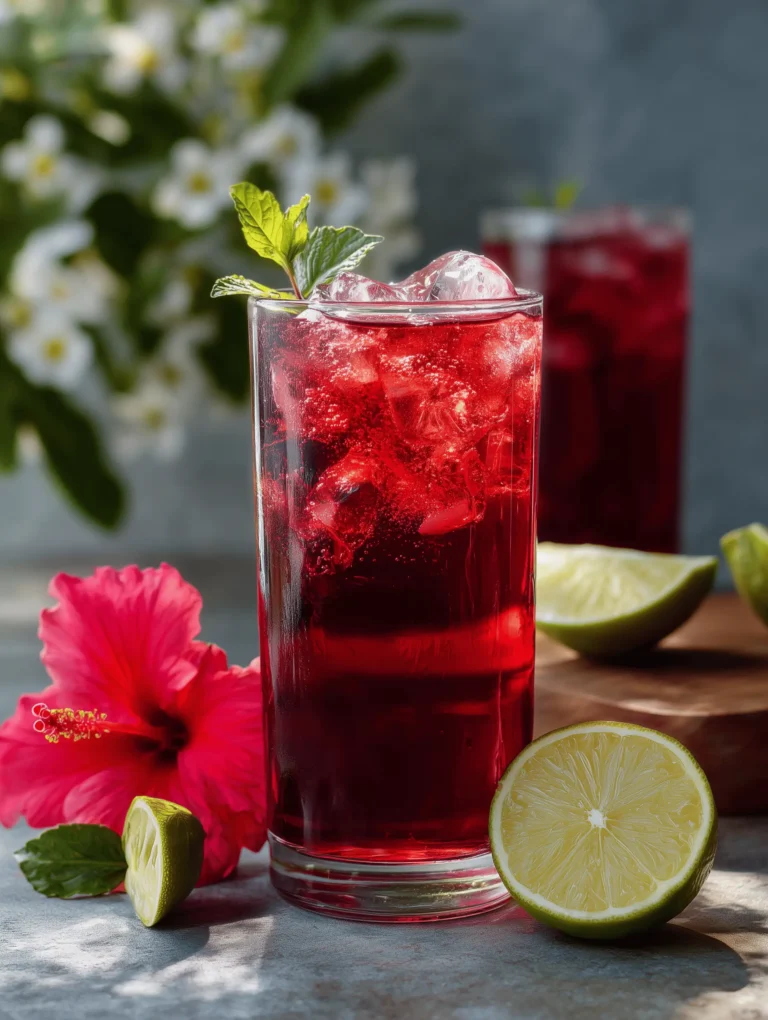 Refreshing Hibiscus Ginger Iced Tea with vibrant colors and ingredients.