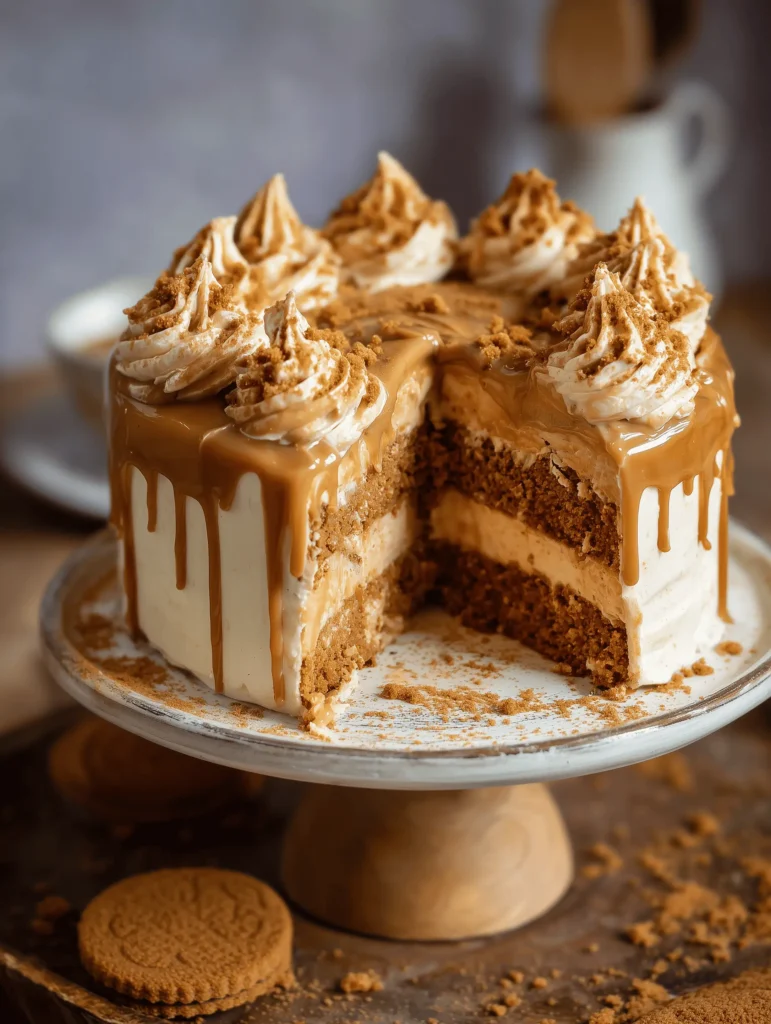 Moist Biscoff cake with cookie butter frosting and streusel topping