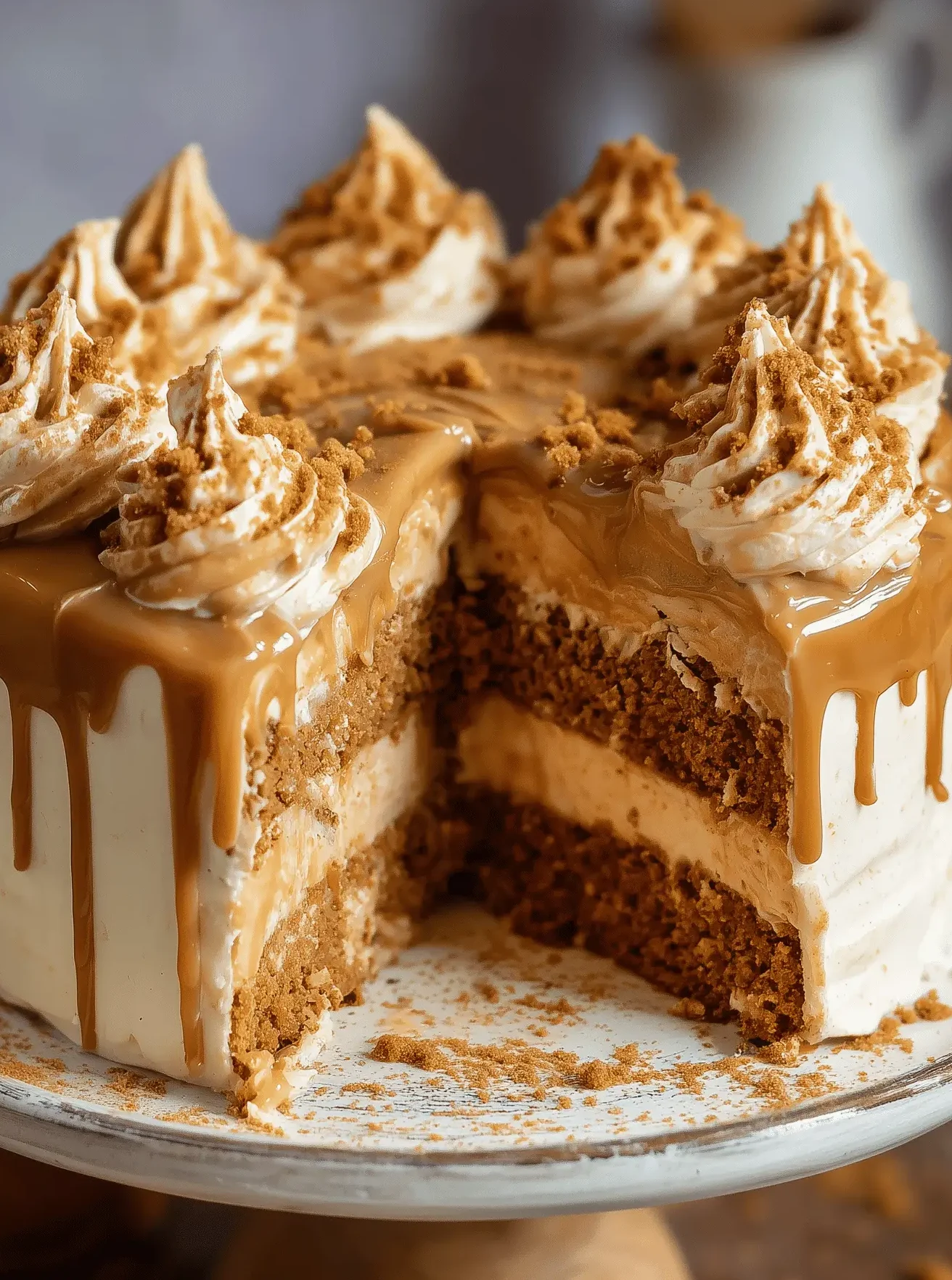 Moist Biscoff cake with cookie butter frosting and streusel topping
