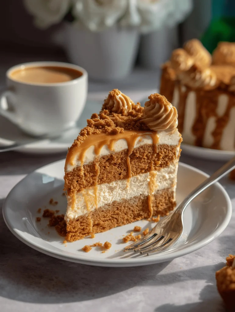 Moist Biscoff cake with cookie butter frosting and streusel topping
