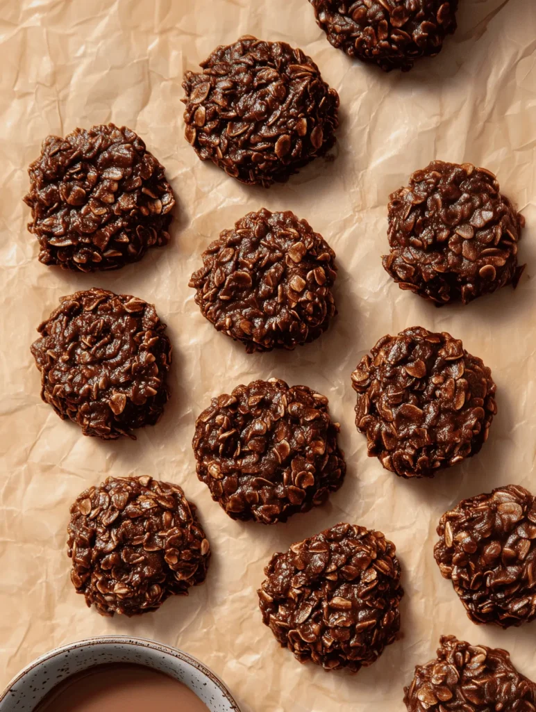 Delicious No-Bake Chocolate Oatmeal Cookies topped with chocolate and oats.