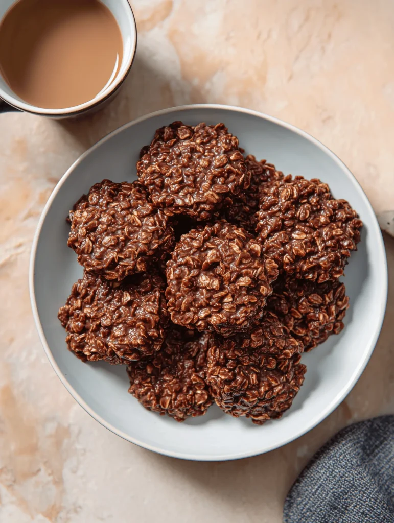Delicious No-Bake Chocolate Oatmeal Cookies topped with chocolate and oats.