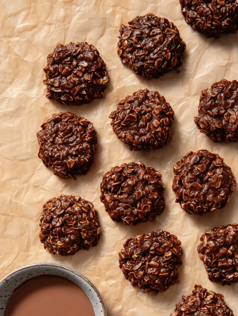 Delicious No-Bake Chocolate Oatmeal Cookies topped with chocolate and oats.