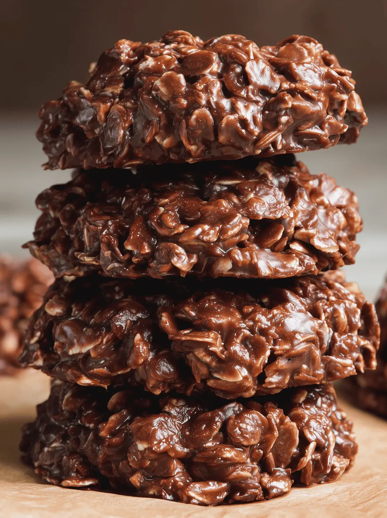 Delicious No-Bake Chocolate Oatmeal Cookies topped with chocolate and oats.