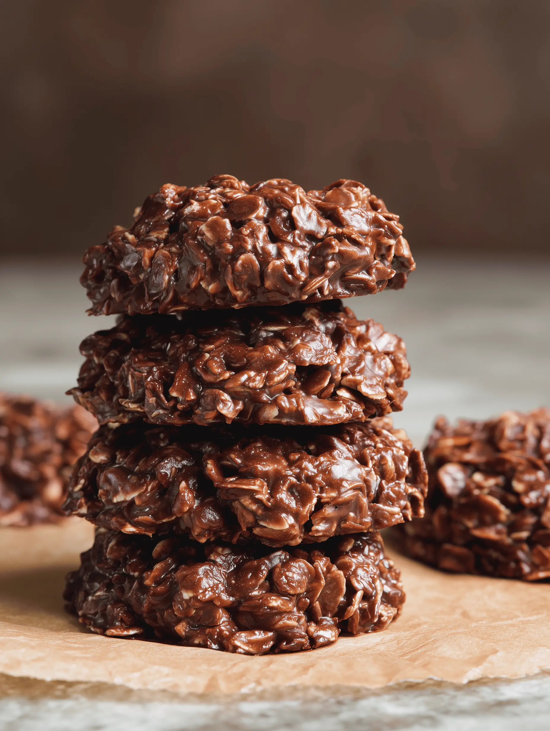 Delicious No-Bake Chocolate Oatmeal Cookies topped with chocolate and oats.