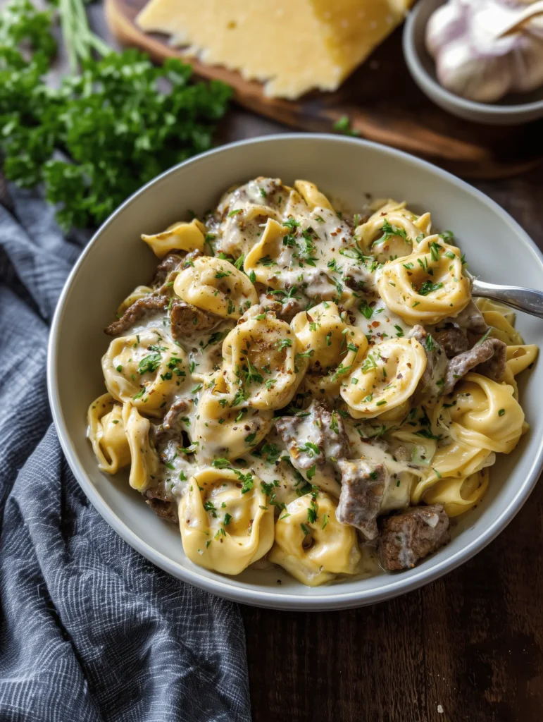 Make this creamy Philly Cheesesteak Tortellini Pasta for an easy weeknight dinner packed with beef, peppers, onions, cheese tortellini, and rich cheesy sauce.