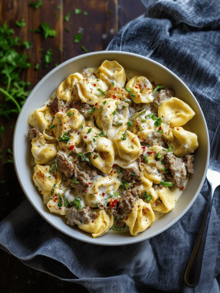 Make this creamy Philly Cheesesteak Tortellini Pasta for an easy weeknight dinner packed with beef, peppers, onions, cheese tortellini, and rich cheesy sauce.