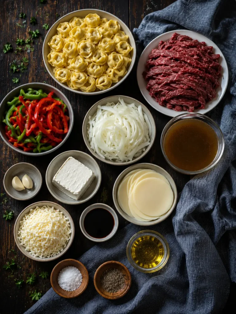 Make this creamy Philly Cheesesteak Tortellini Pasta for an easy weeknight dinner packed with beef, peppers, onions, cheese tortellini, and rich cheesy sauce.