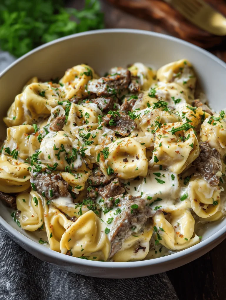 Make this creamy Philly Cheesesteak Tortellini Pasta for an easy weeknight dinner packed with beef, peppers, onions, cheese tortellini, and rich cheesy sauce.