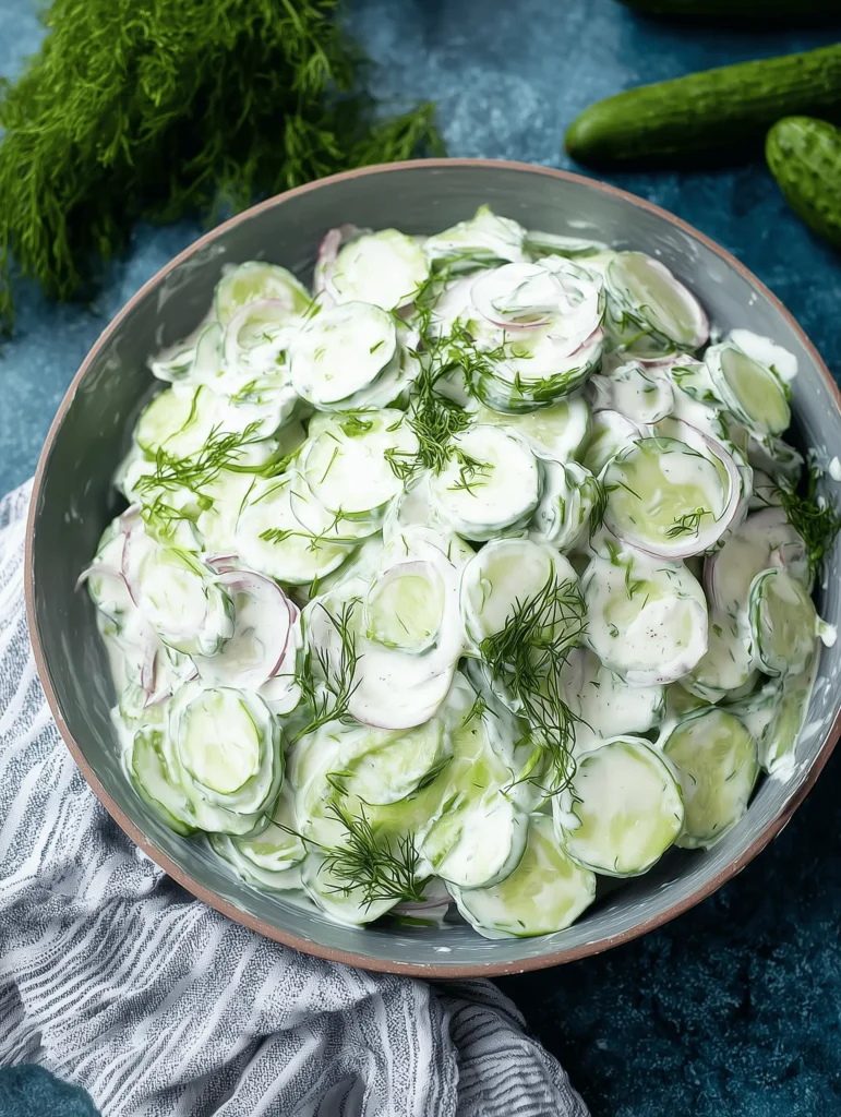 Fresh creamy cucumber salad with dill and red onions in a bowl