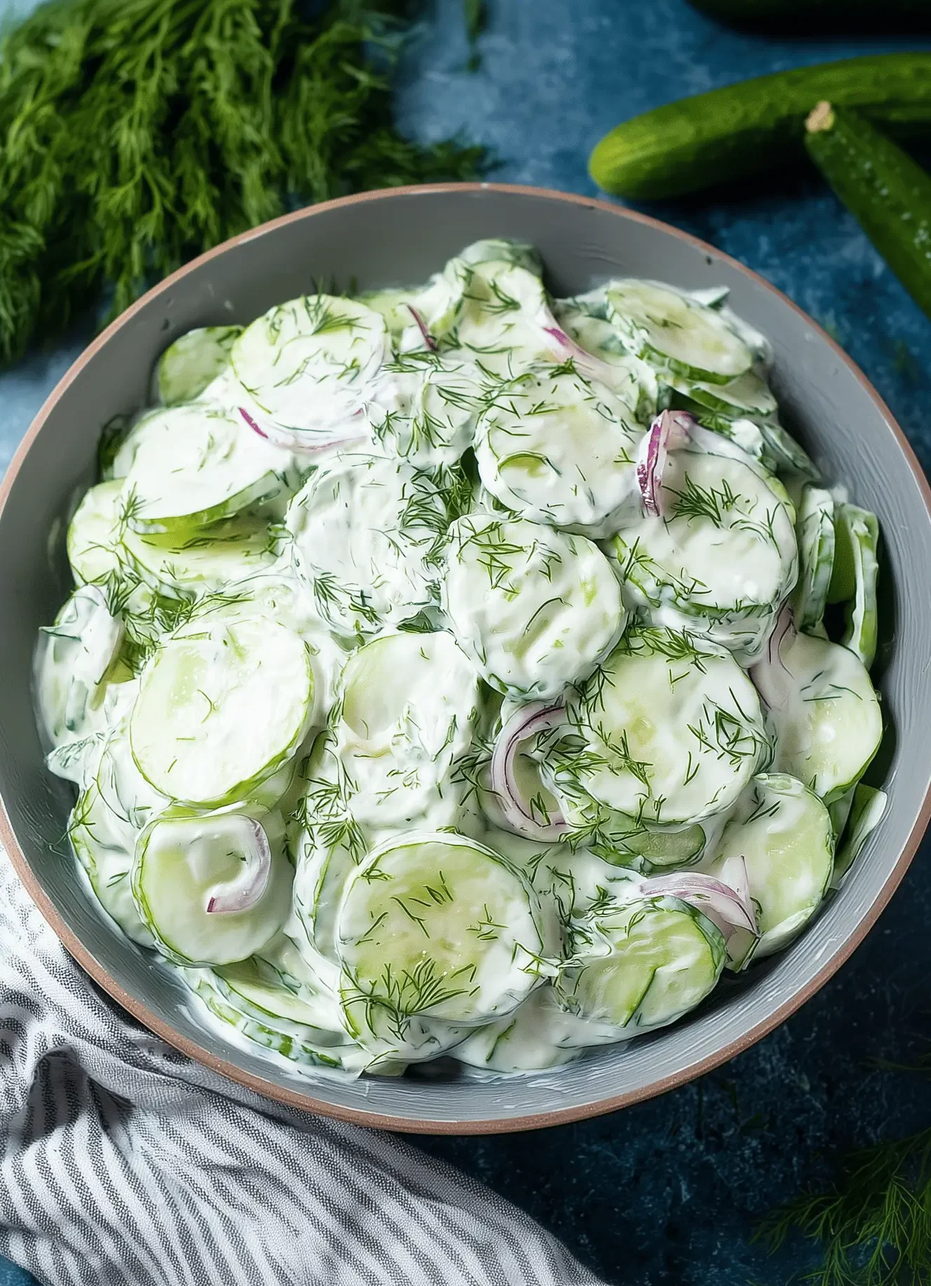 Fresh creamy cucumber salad with dill and red onions in a bowl