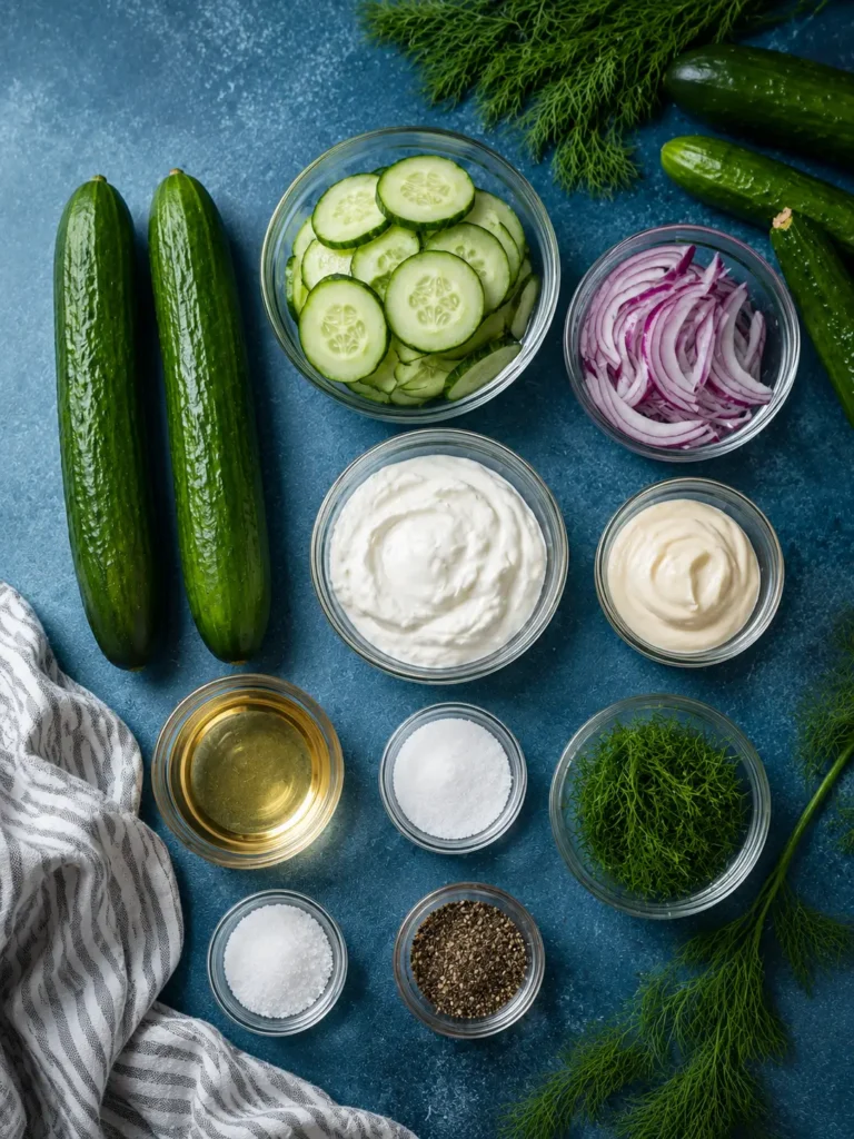 Fresh creamy cucumber salad with dill and red onions in a bowl