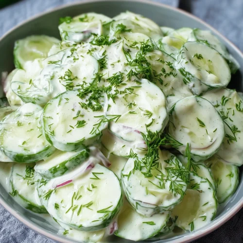 Fresh creamy cucumber salad with dill and red onions in a bowl