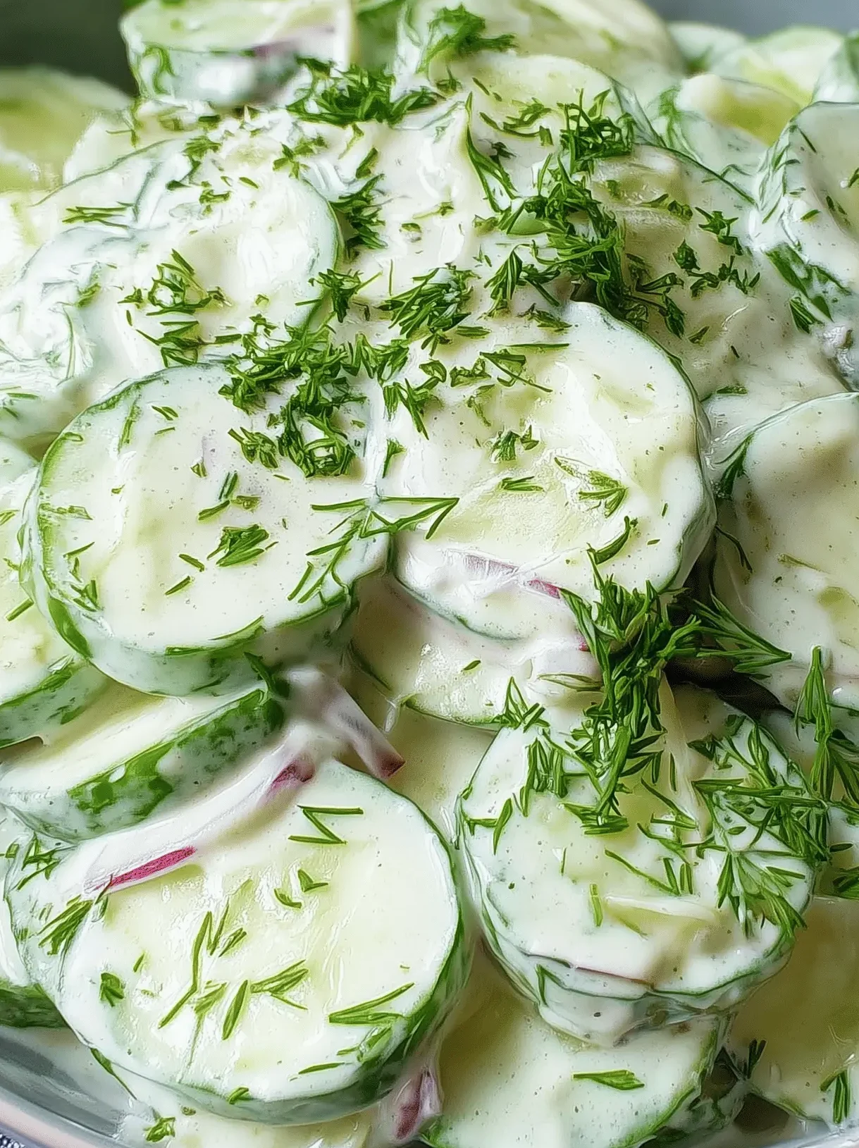 Fresh creamy cucumber salad with dill and red onions in a bowl