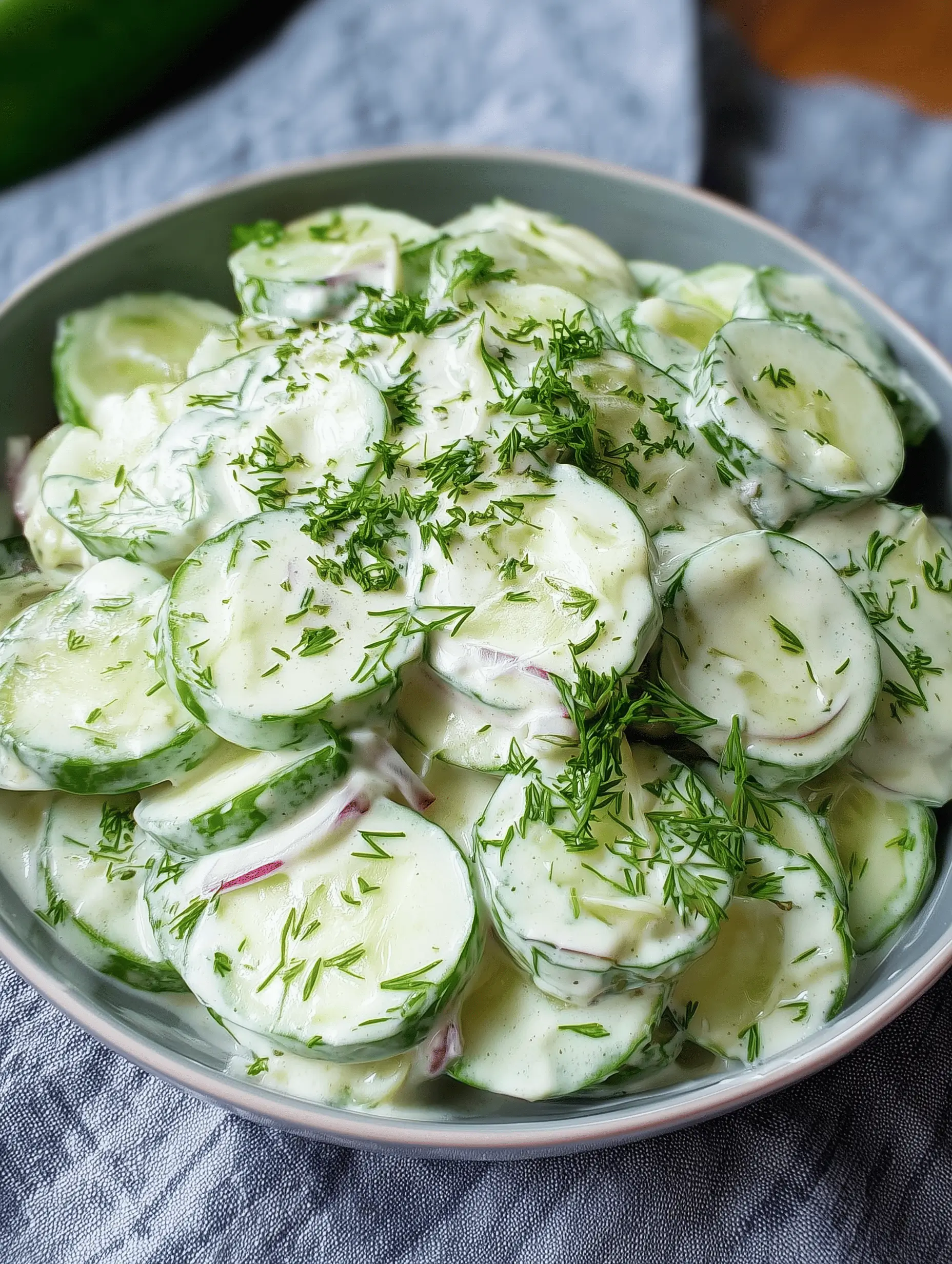 Fresh creamy cucumber salad with dill and red onions in a bowl