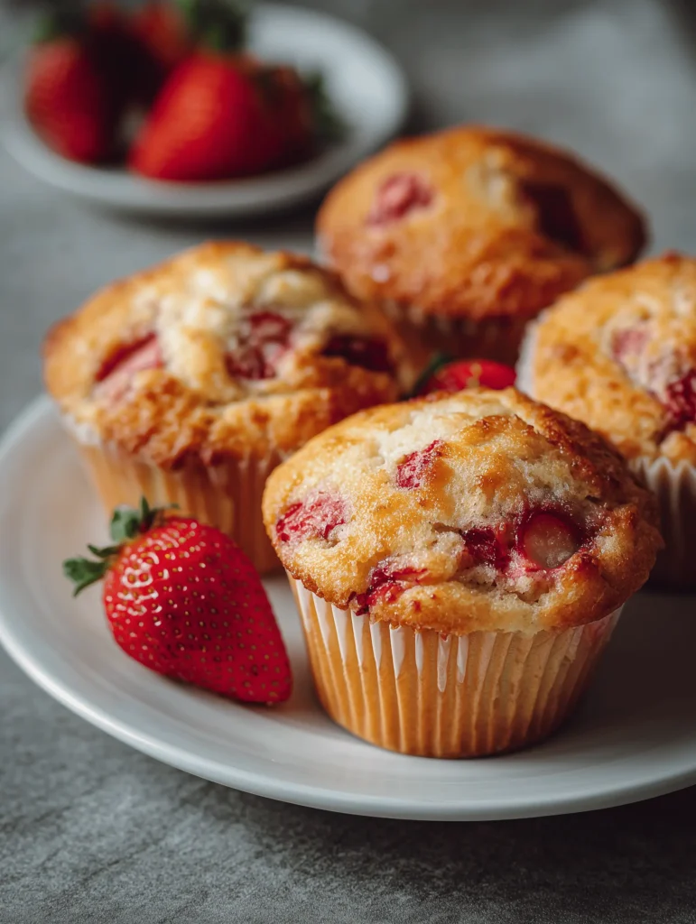 Freshly baked strawberry muffins topped with a sweet crumb topping, bursting with flavor.
