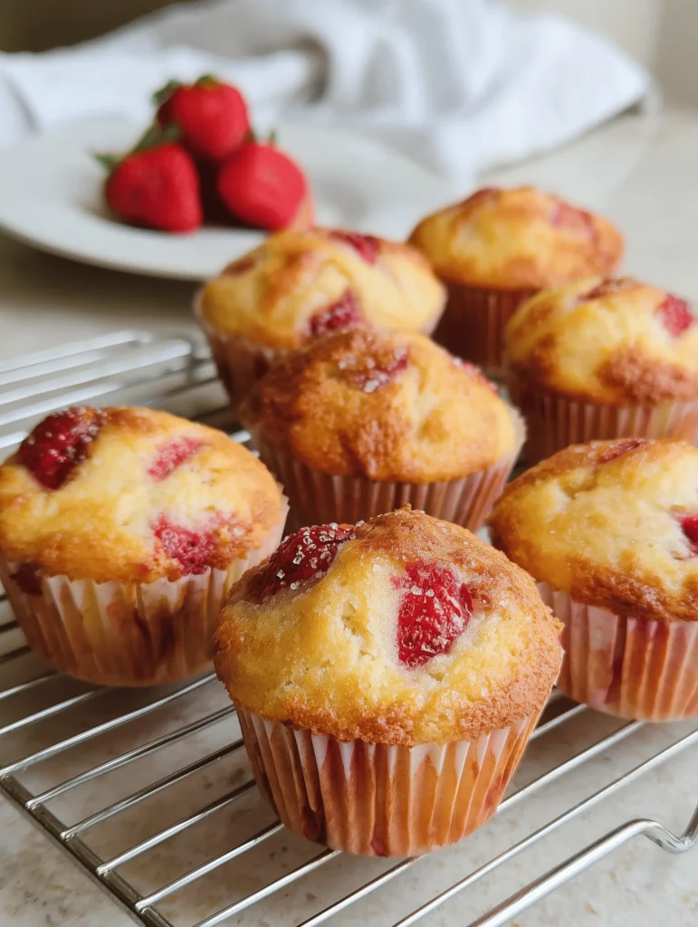 Freshly baked strawberry muffins topped with a sweet crumb topping, bursting with flavor.