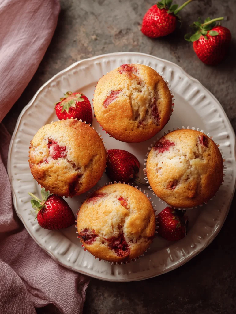Freshly baked strawberry muffins topped with a sweet crumb topping, bursting with flavor.