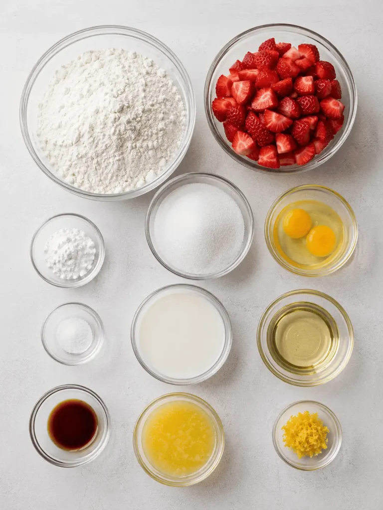 Freshly baked strawberry muffins topped with a sweet crumb topping, bursting with flavor.