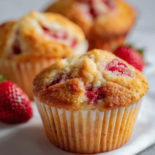 Freshly baked strawberry muffins topped with a sweet crumb topping, bursting with flavor.