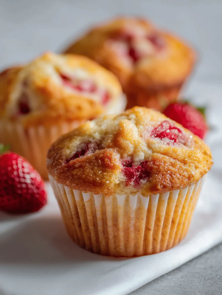 Freshly baked strawberry muffins topped with a sweet crumb topping, bursting with flavor.