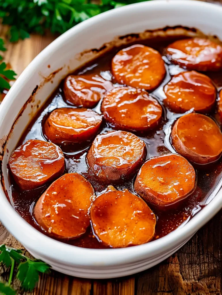 Delicious candied sweet potatoes baked in a rich, buttery glaze and spiced with brown sugar.