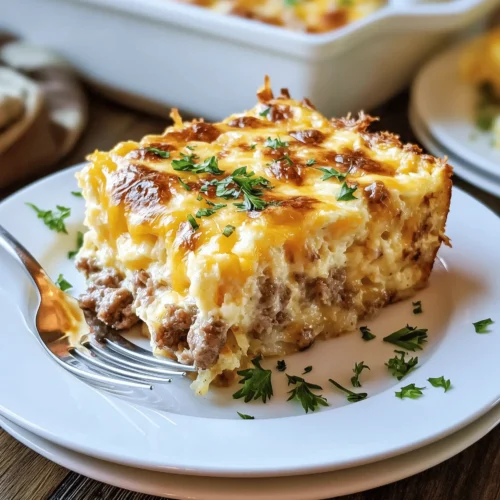 Delicious Sausage, Egg and Cream Cheese Hashbrown Casserole served hot.