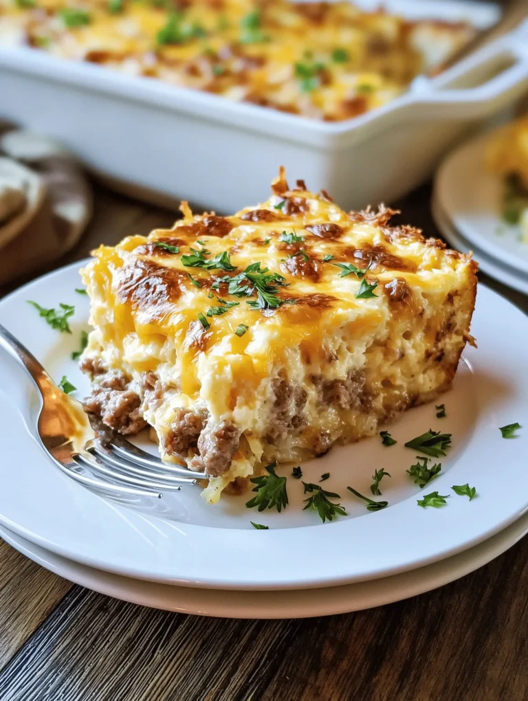 Delicious Sausage, Egg and Cream Cheese Hashbrown Casserole served hot.