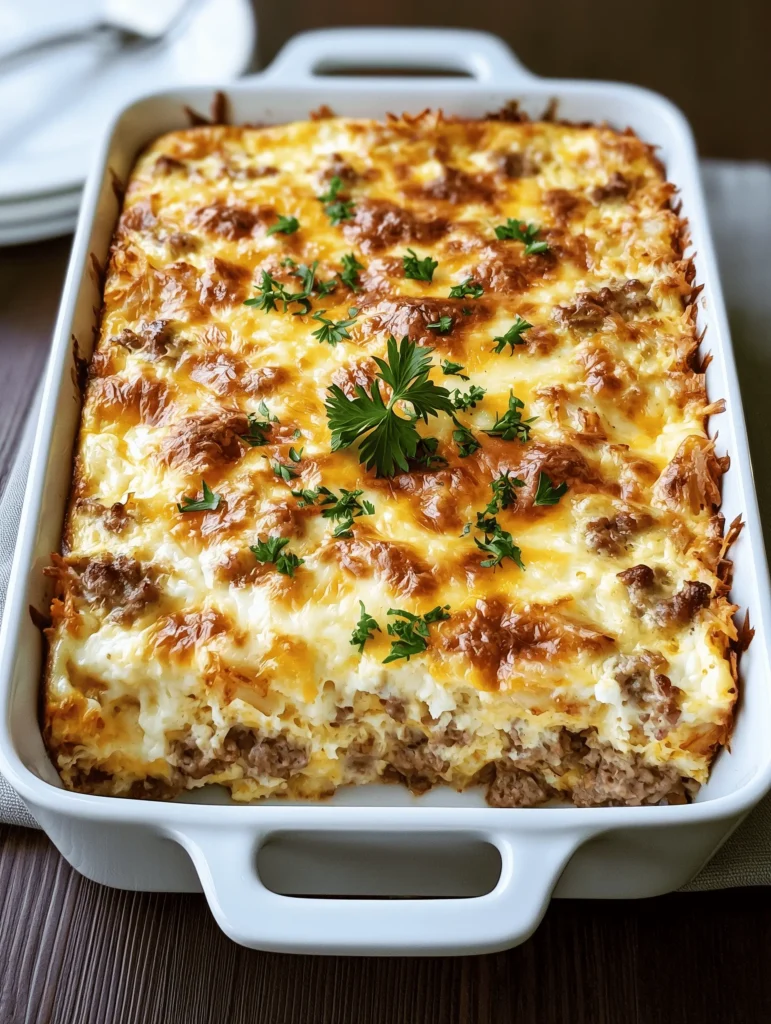 Delicious Sausage, Egg and Cream Cheese Hashbrown Casserole served hot.