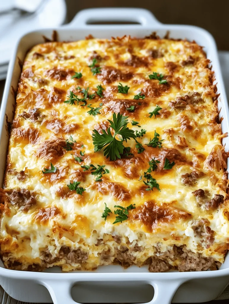 Delicious Sausage, Egg and Cream Cheese Hashbrown Casserole served hot.